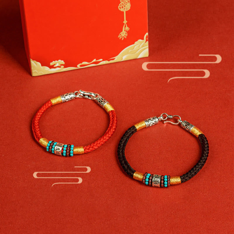 Buddha Stones Rote Schnur Schwarze Schnur Sechs wahre Worte 925 Sterling Silber Verbindungsarmband