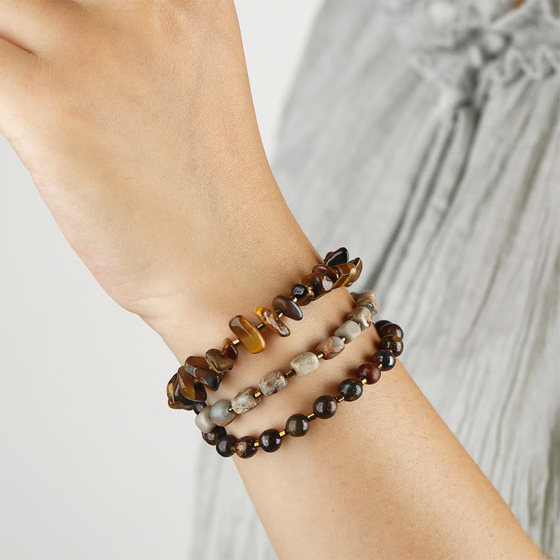 Buddha Stones Bronzite Emperor Stone Tiger Eye Determination Triple Wrap Bracelet