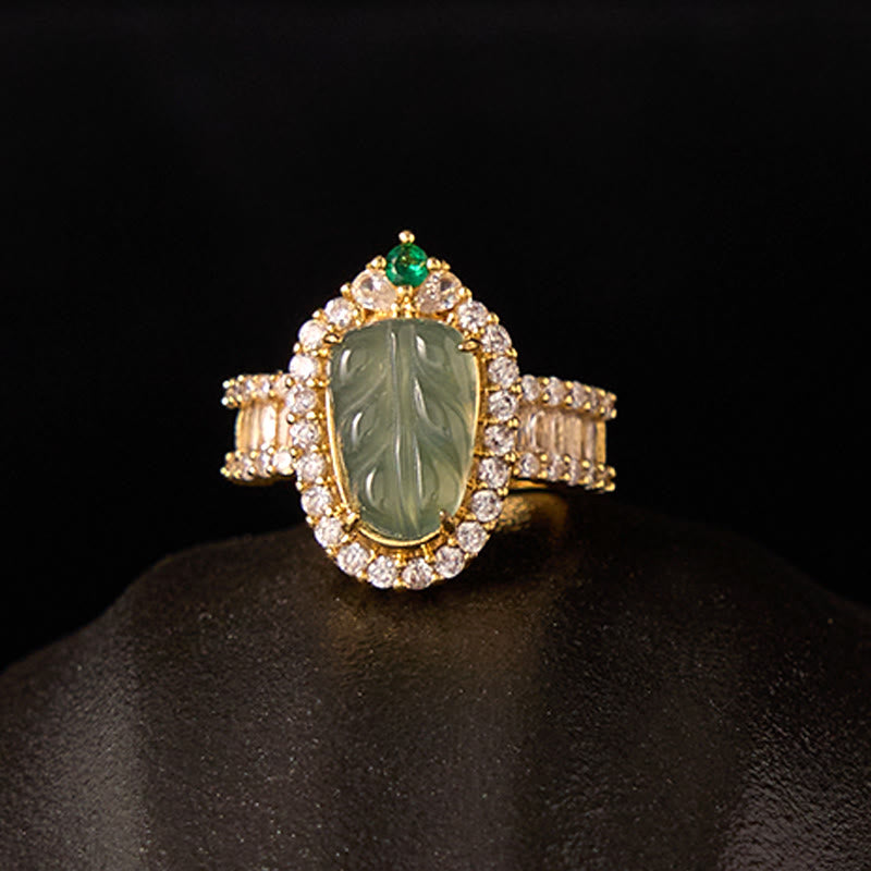 Bague ajustable en or plaqué cuivre et feuille de jade naturelle avec pierres de Bouddha et diamants