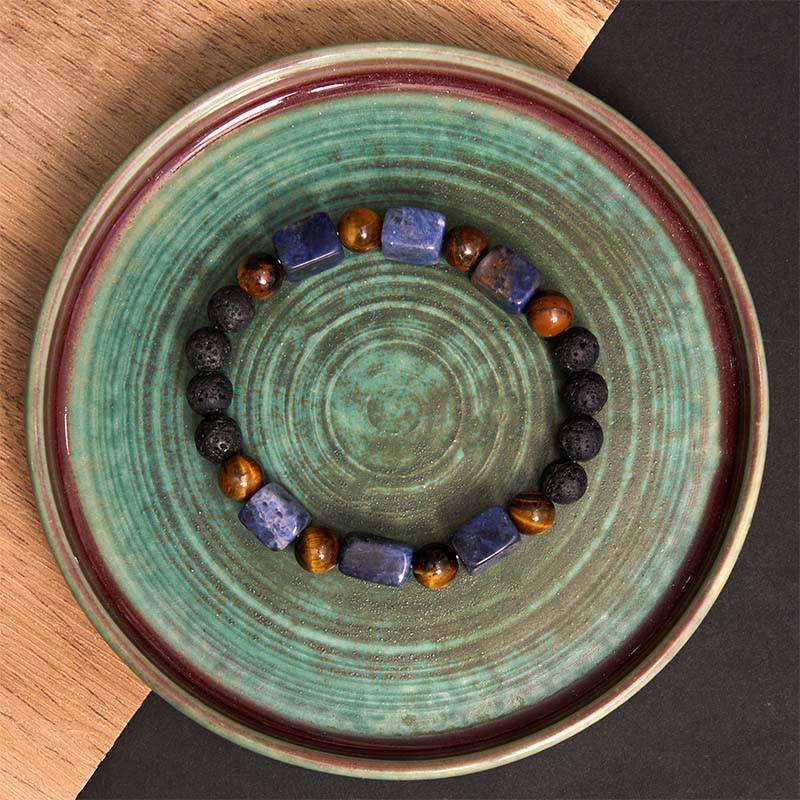 Bracelet de soutien en pierre de lave et améthyste cubique avec divers cristaux et pierres de Bouddha