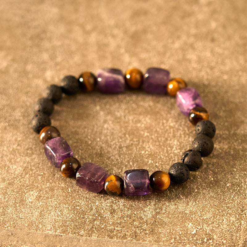 Bracelet de soutien en pierre de lave et améthyste cubique avec divers cristaux et pierres de Bouddha