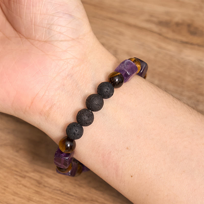 Bracelet de soutien en pierre de lave et améthyste cubique avec divers cristaux et pierres de Bouddha