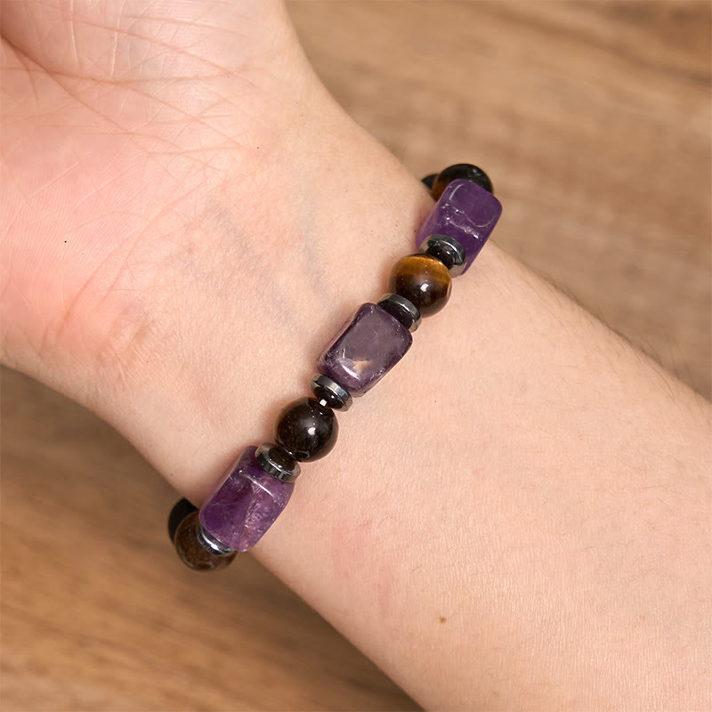 Bracelet de soutien en pierre de lave et améthyste cubique avec divers cristaux et pierres de Bouddha