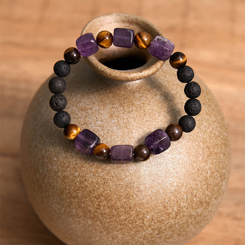 Bracelet de soutien en pierre de lave et améthyste cubique avec divers cristaux et pierres de Bouddha
