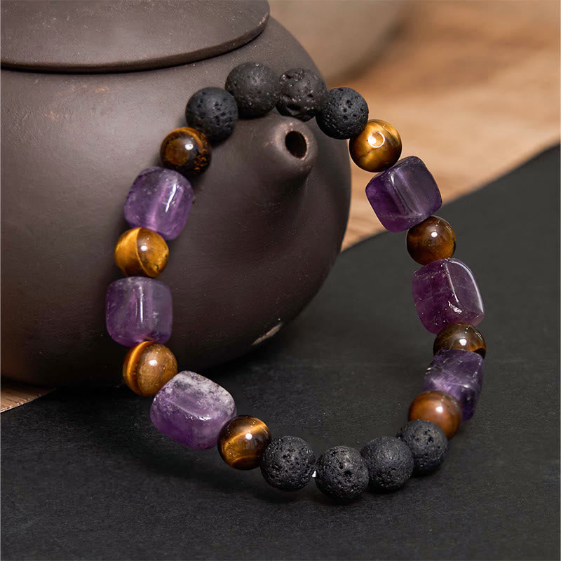 Bracelet de soutien en pierre de lave et améthyste cubique avec divers cristaux et pierres de Bouddha