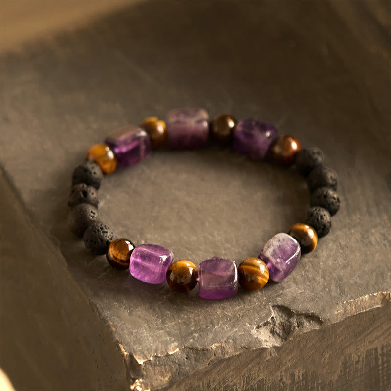Bracelet de soutien en pierre de lave et améthyste cubique avec divers cristaux et pierres de Bouddha