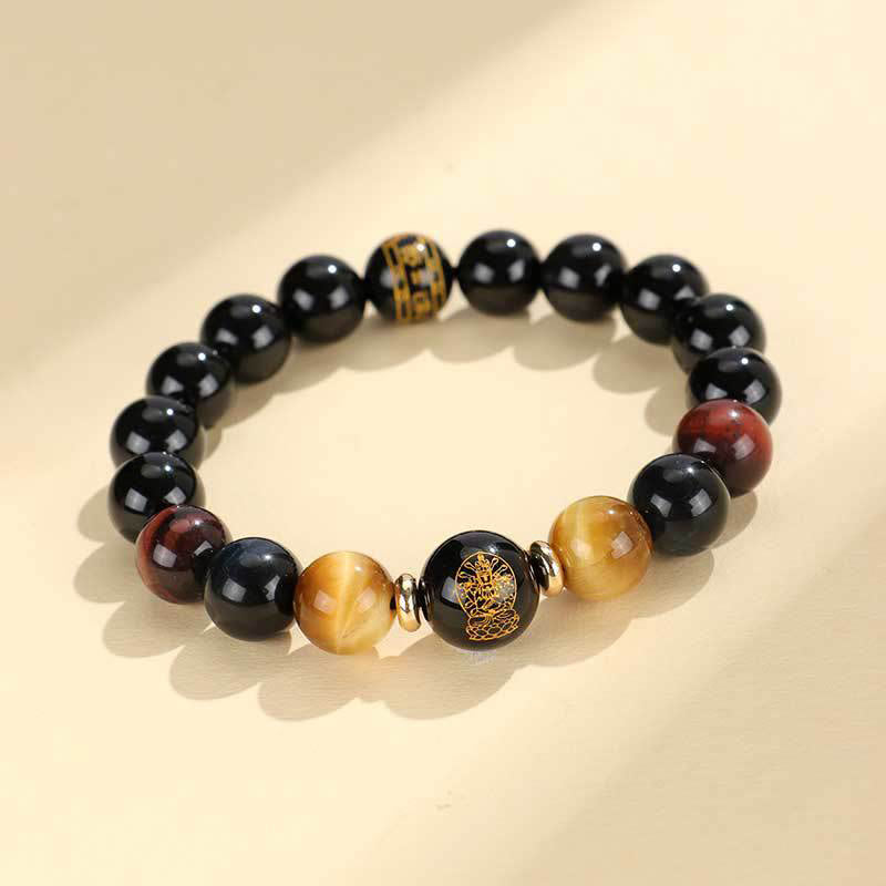 Buddha-Steine, schwarzer Onyx, Tigerauge, Om Mani Padme Hum, chinesisches Sternzeichen, Natal Buddha-Stützarmband