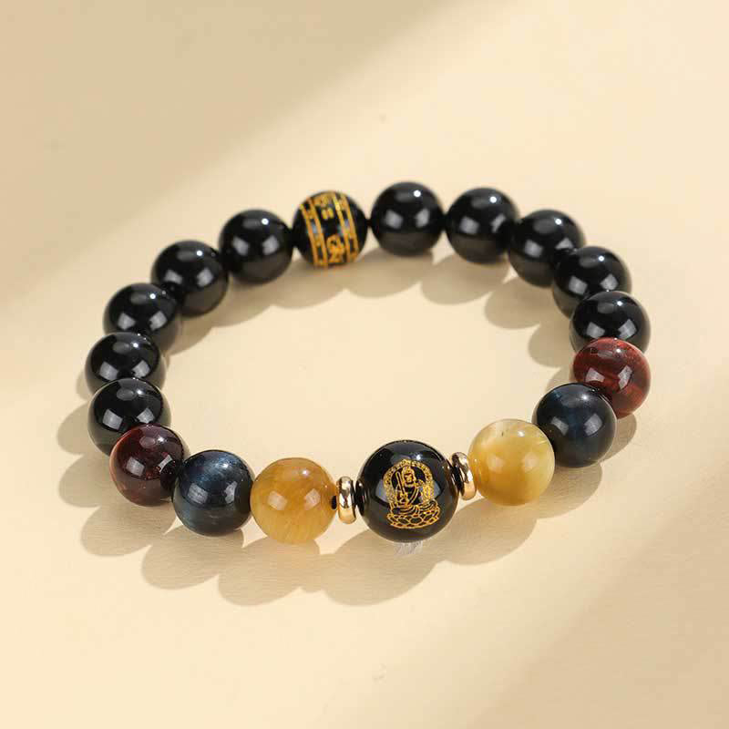 Buddha-Steine, schwarzer Onyx, Tigerauge, Om Mani Padme Hum, chinesisches Sternzeichen, Natal Buddha-Stützarmband