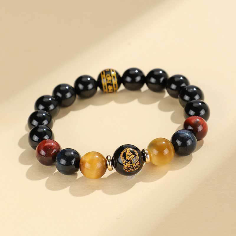 Buddha-Steine, schwarzer Onyx, Tigerauge, Om Mani Padme Hum, chinesisches Sternzeichen, Natal Buddha-Stützarmband