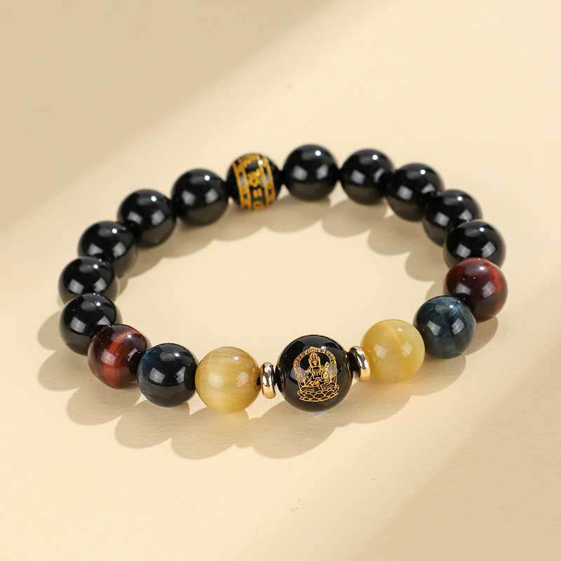 Buddha-Steine, schwarzer Onyx, Tigerauge, Om Mani Padme Hum, chinesisches Sternzeichen, Natal Buddha-Stützarmband