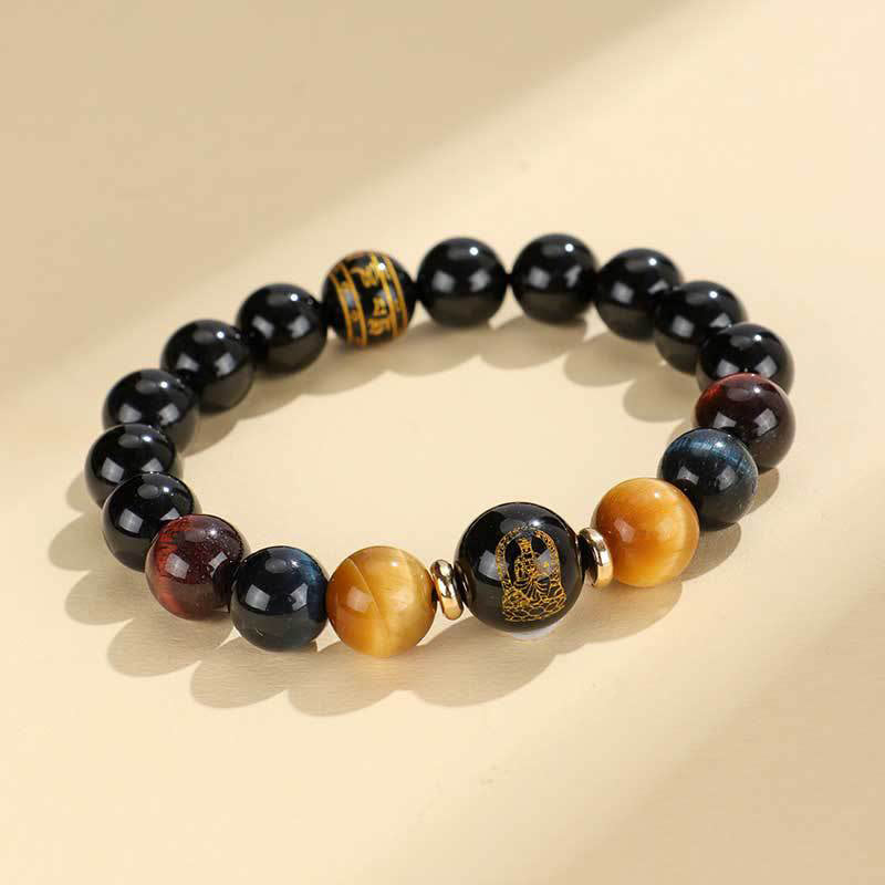 Buddha-Steine, schwarzer Onyx, Tigerauge, Om Mani Padme Hum, chinesisches Sternzeichen, Natal Buddha-Stützarmband
