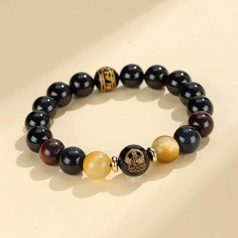 Buddha-Steine, schwarzer Onyx, Tigerauge, Om Mani Padme Hum, chinesisches Sternzeichen, Natal Buddha-Stützarmband