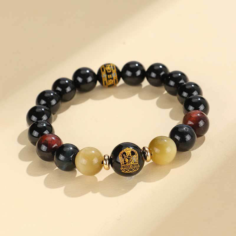 Buddha-Steine, schwarzer Onyx, Tigerauge, Om Mani Padme Hum, chinesisches Sternzeichen, Natal Buddha-Stützarmband