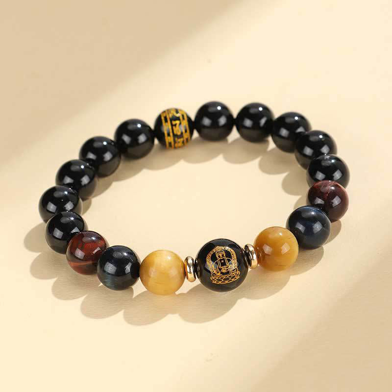 Buddha-Steine, schwarzer Onyx, Tigerauge, Om Mani Padme Hum, chinesisches Sternzeichen, Natal Buddha-Stützarmband
