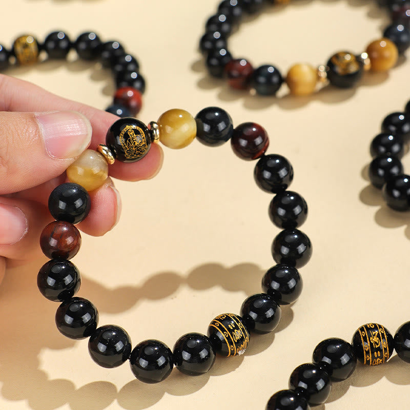 Buddha-Steine, schwarzer Onyx, Tigerauge, Om Mani Padme Hum, chinesisches Sternzeichen, Natal Buddha-Stützarmband