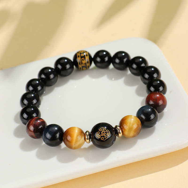 Buddha-Steine, schwarzer Onyx, Tigerauge, Om Mani Padme Hum, chinesisches Sternzeichen, Natal Buddha-Stützarmband