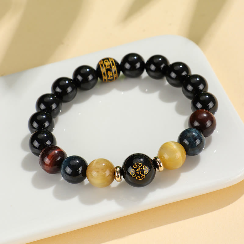 Buddha-Steine, schwarzer Onyx, Tigerauge, Om Mani Padme Hum, chinesisches Sternzeichen, Natal Buddha-Stützarmband