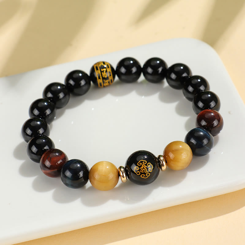 Buddha-Steine, schwarzer Onyx, Tigerauge, Om Mani Padme Hum, chinesisches Sternzeichen, Natal Buddha-Stützarmband