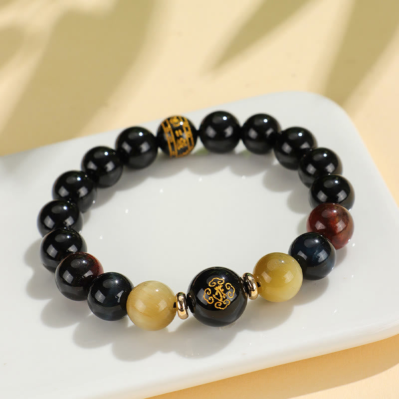 Buddha-Steine, schwarzer Onyx, Tigerauge, Om Mani Padme Hum, chinesisches Sternzeichen, Natal Buddha-Stützarmband