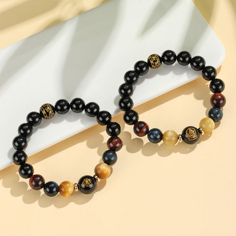 Buddha-Steine, schwarzer Onyx, Tigerauge, Om Mani Padme Hum, chinesisches Sternzeichen, Natal Buddha-Stützarmband