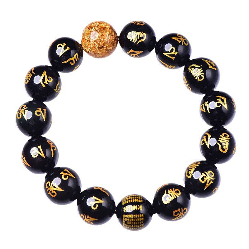 Buddha Stones Sechs wahre Worte Om Mani Padme Hum Regenbogen-Obsidian Goldfolie Kreativität Armband