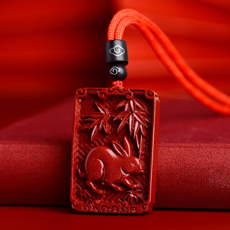 Collier pendentif rectangulaire calme en pierres de Bouddha et zodiaque chinois en cinabre