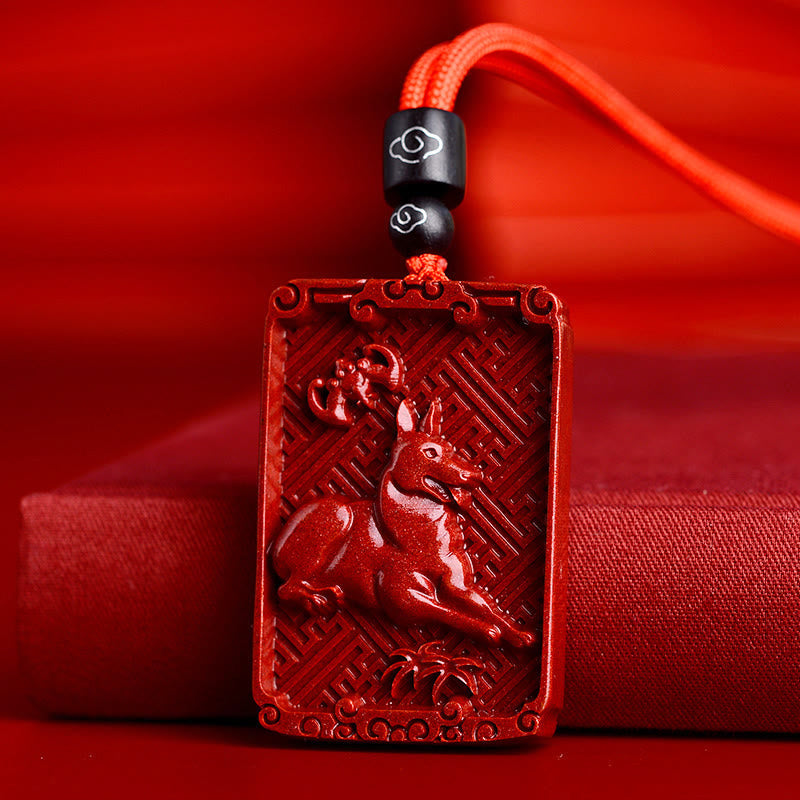 Collier pendentif rectangulaire calme en pierres de Bouddha et zodiaque chinois en cinabre