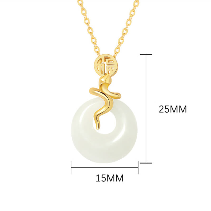 Collier pendentif en argent sterling 925 avec jade Hetian et pierre de Bouddha, boucle de paix, année du serpent, bénédiction du caractère Fu