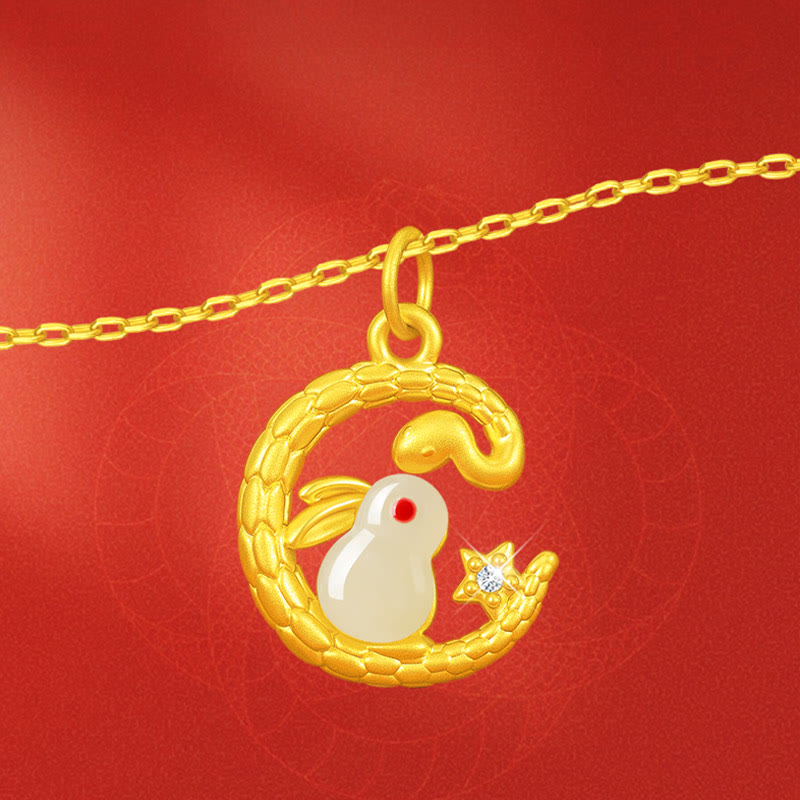 Collier pendentif porte-bonheur en or 999 avec serpent et lapin, année du serpent, pierres de Bouddha