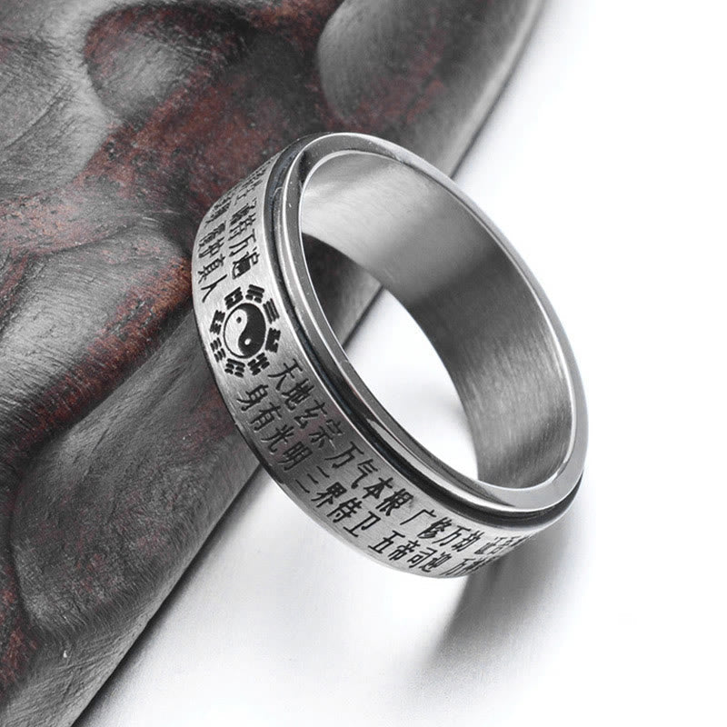 Bague rotative en acier titane avec pierres de Bouddha, Bagua, Yin et Yang, caractères chinois