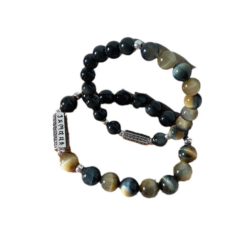 Buddha Stones Armband aus natürlichem schwarzem Obsidian und Tigerauge mit sechs wahren Worten „Om Mani Padme Hum“, Stärke und Liebe