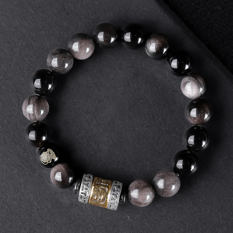 Buddha Stones Natural Silver Sheen Obsidian Tiger's Eye Six True Words 'Om Mani Padme Hum' Strength Bracelet