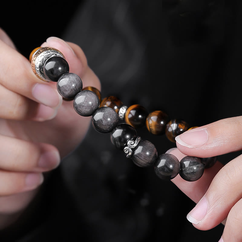 Buddha Stones Natural Silver Sheen Obsidian Tiger's Eye Six True Words 'Om Mani Padme Hum' Strength Bracelet