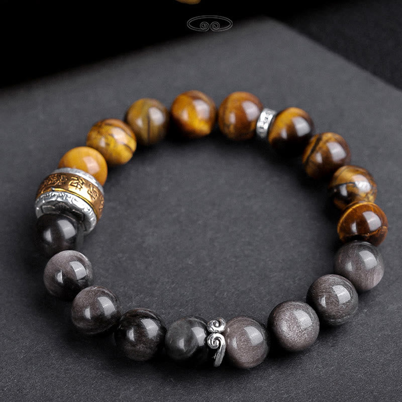 Buddha Stones Natural Silver Sheen Obsidian Tiger's Eye Six True Words 'Om Mani Padme Hum' Strength Bracelet