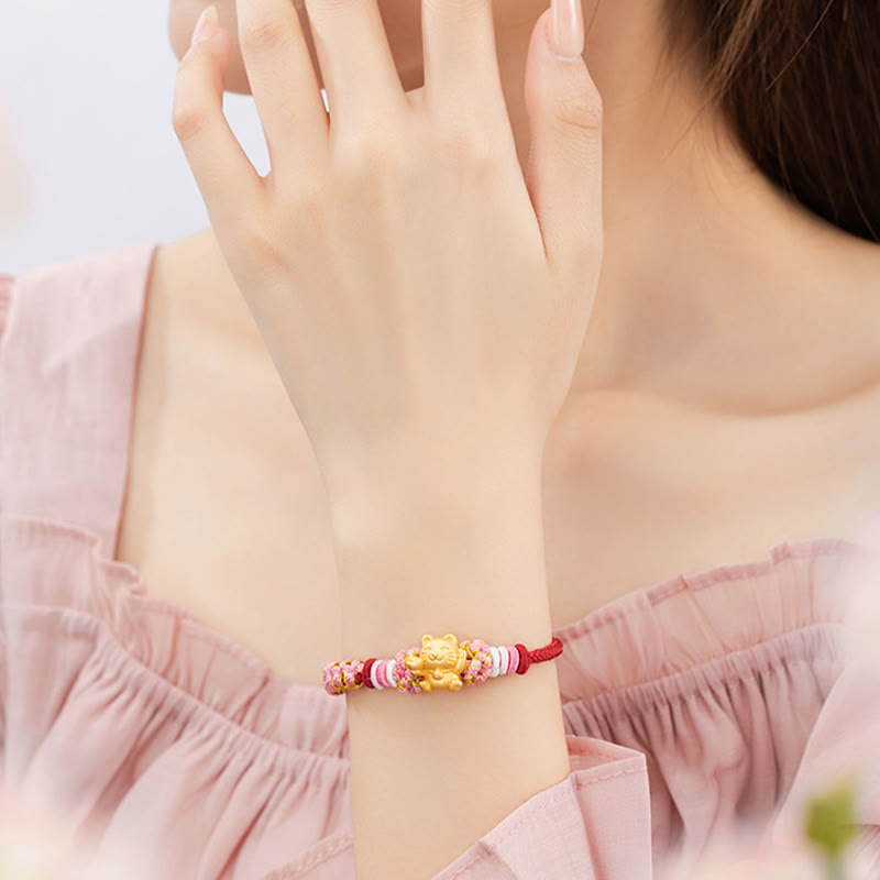 Buddha Stones Handmade 999 Sterling Silver Fortune Cat Ingot Peach Blossom Luck Red Rope Bracelet