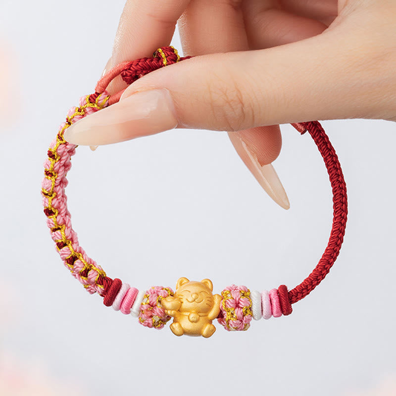 Buddha Stones Handmade 999 Sterling Silver Fortune Cat Ingot Peach Blossom Luck Red Rope Bracelet