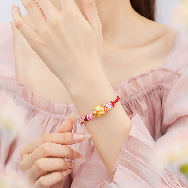 Buddha Stones Handmade 999 Sterling Silver Fortune Cat Ingot Peach Blossom Luck Red Rope Bracelet