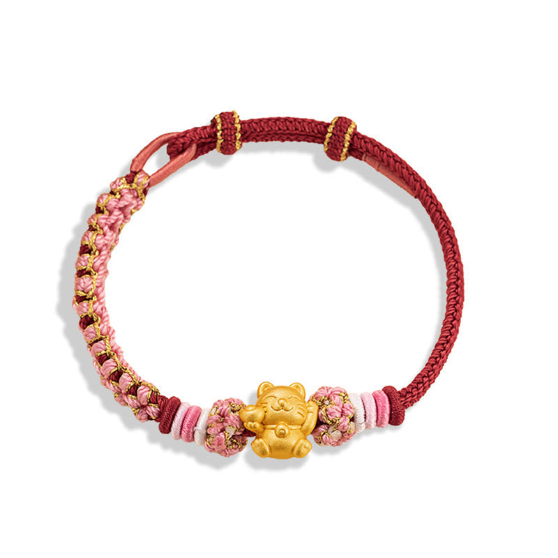 Bracelet en corde rouge porte-bonheur en argent sterling 999 fait main avec pierres de Bouddha et lingot de chat porte-bonheur en fleur de pêcher