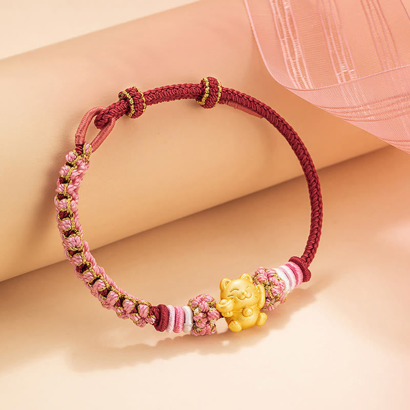 Buddha Stones Handmade 999 Sterling Silver Fortune Cat Ingot Peach Blossom Luck Red Rope Bracelet
