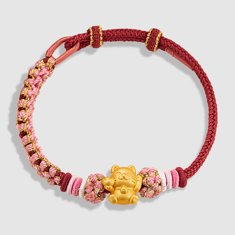 Buddha Stones Handmade 999 Sterling Silver Fortune Cat Ingot Peach Blossom Luck Red Rope Bracelet