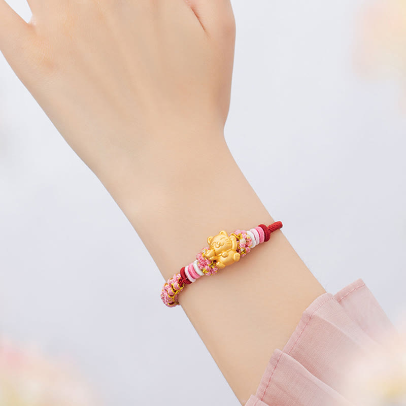Buddha Stones Handmade 999 Sterling Silver Fortune Cat Ingot Peach Blossom Luck Red Rope Bracelet