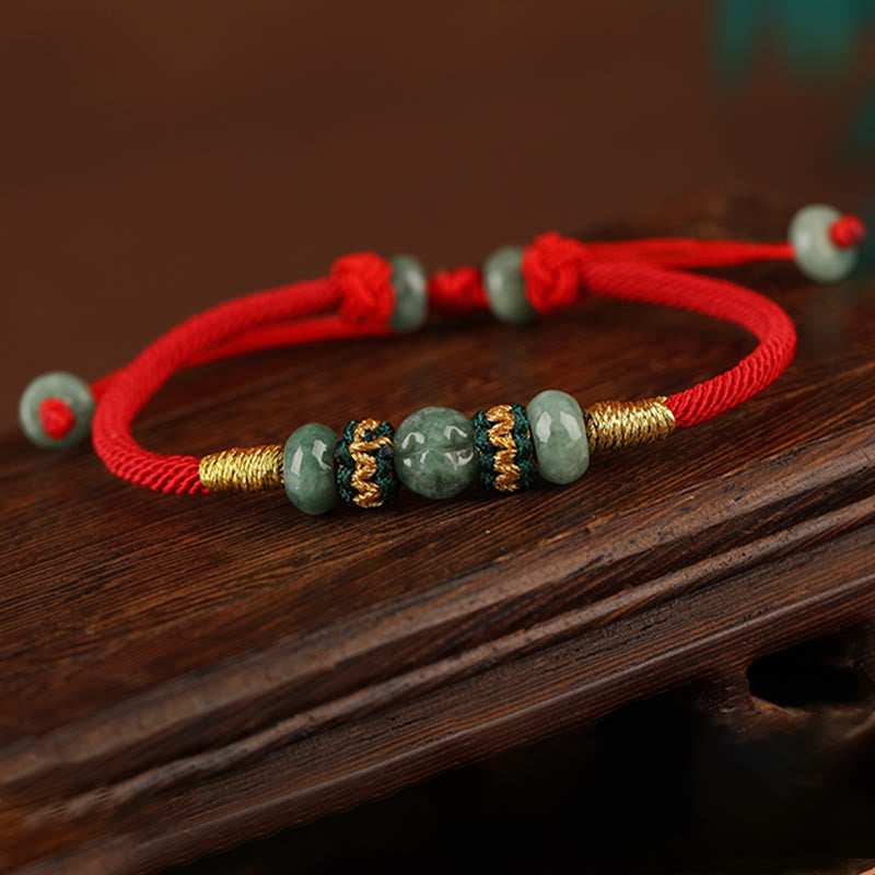 Bracelet en corde rouge avec perles de boulier en jade et pierres de Bouddha