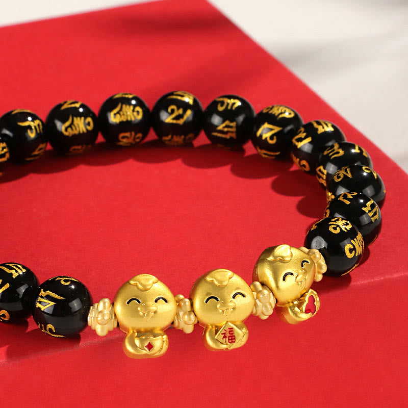 Bracelet Bouddha Pierres Agate Rouge Onyx Noir Perle Cuivre Année du Serpent Caractère Fu Om Mani Padme Hum Bonheur