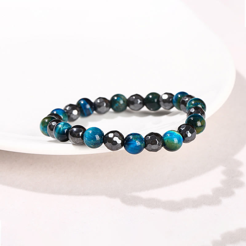Ensemble de 2 bracelets puissants en hématite et œil de tigre bleu