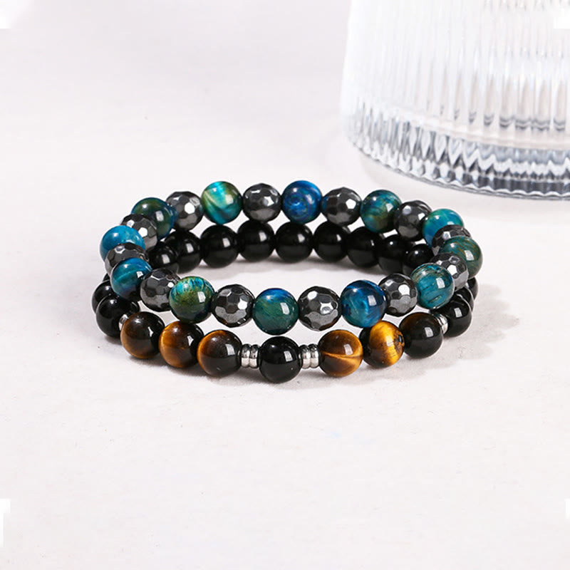 Ensemble de 2 bracelets puissants en hématite et œil de tigre bleu