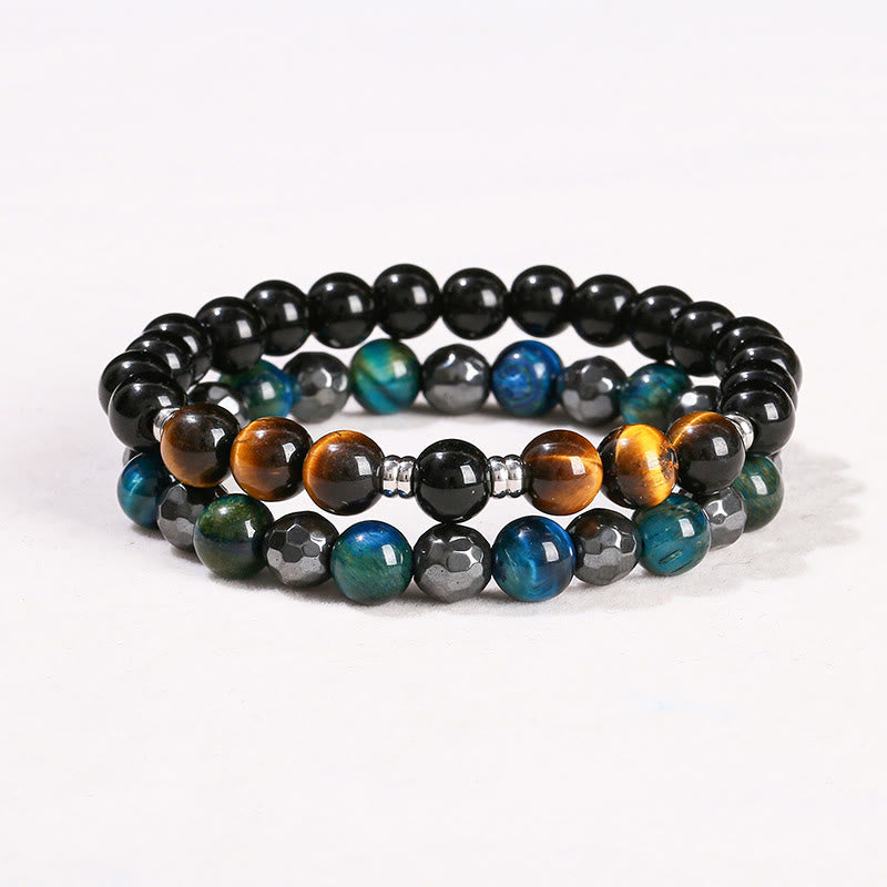 Ensemble de 2 bracelets puissants en hématite et œil de tigre bleu