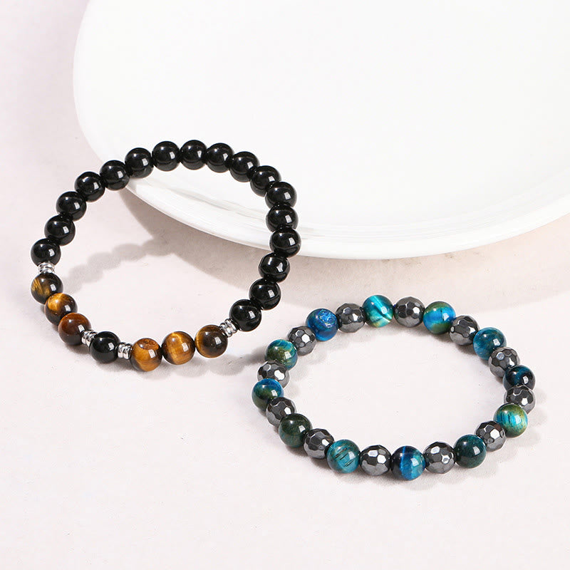 Ensemble de 2 bracelets puissants en hématite et œil de tigre bleu