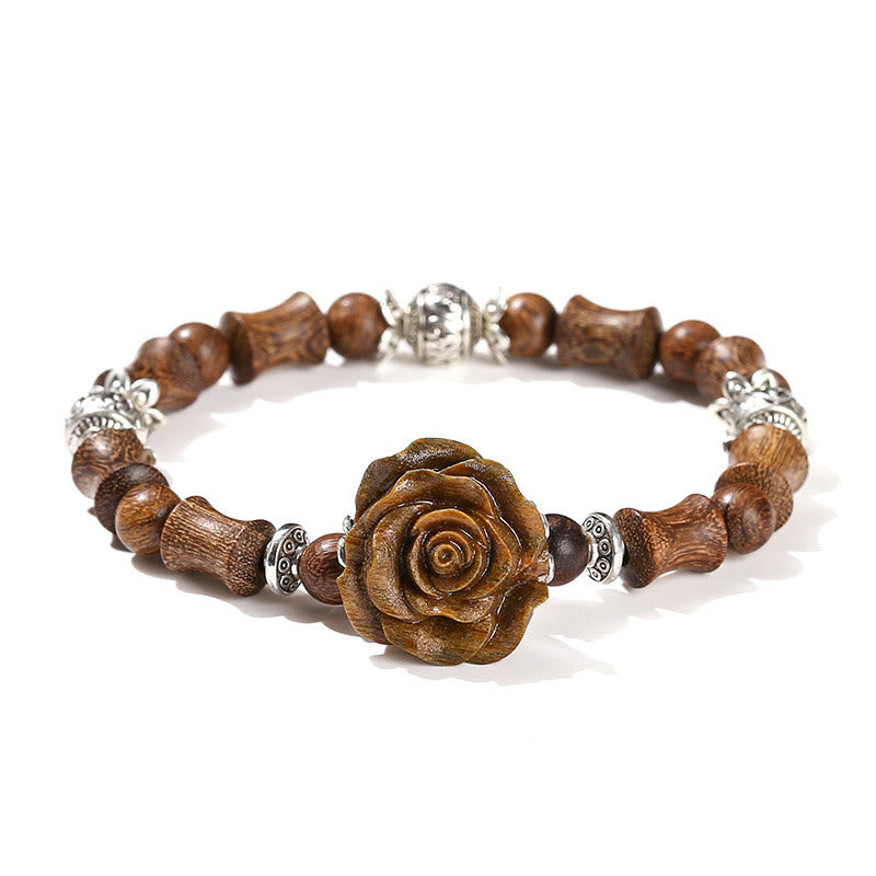 Bracelet de guérison camélia en bois de santal et bambou avec pierres de Bouddha