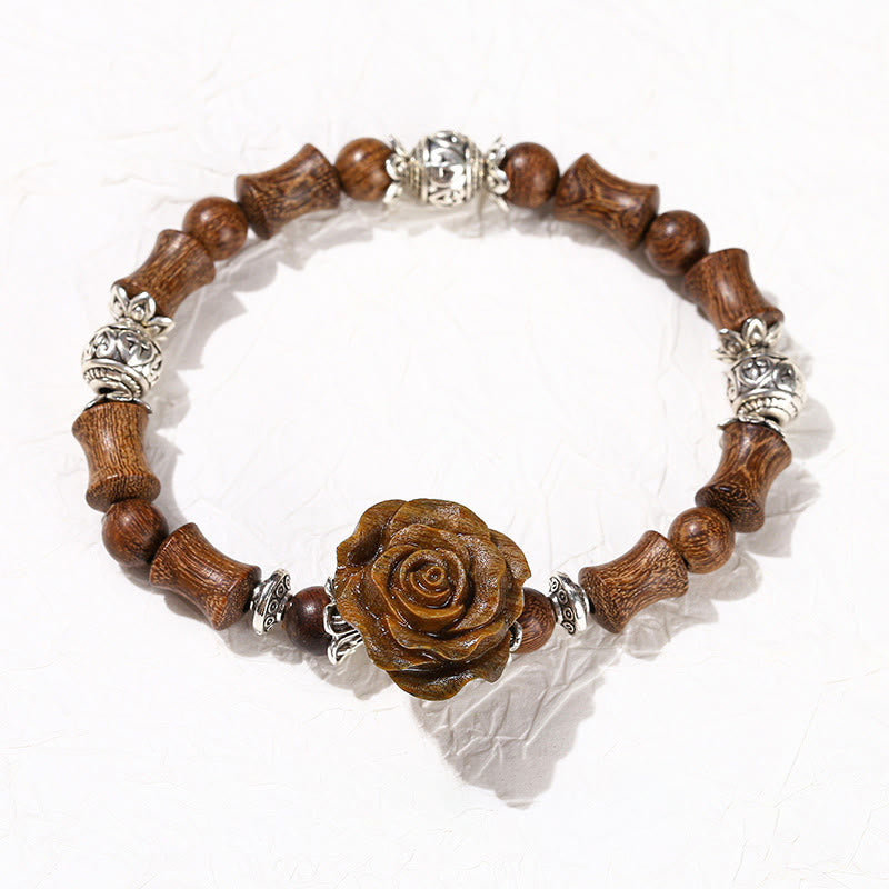 Bracelet de guérison camélia en bois de santal et bambou avec pierres de Bouddha