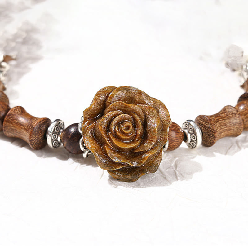 Bracelet de guérison camélia en bois de santal et bambou avec pierres de Bouddha
